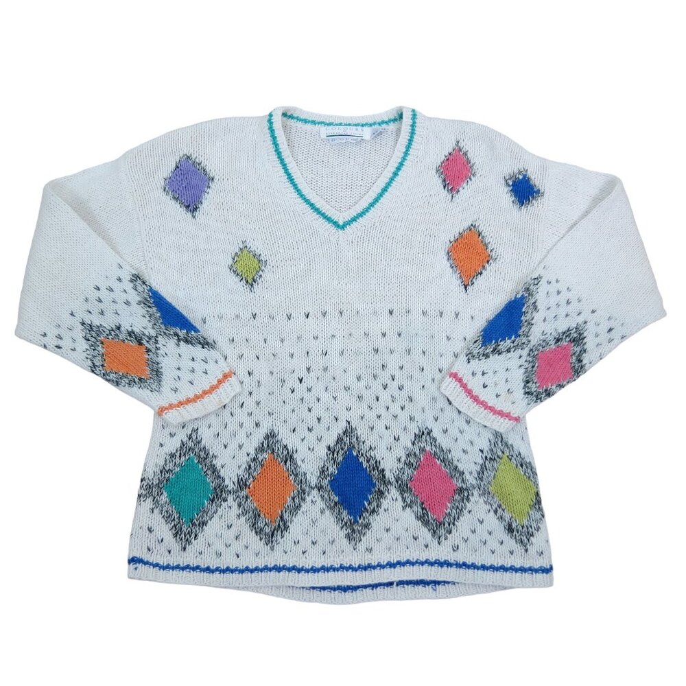 Vintage COLOURS Unisex White Diamonds V-Neck Pullover Sweater S Ramie Cotton